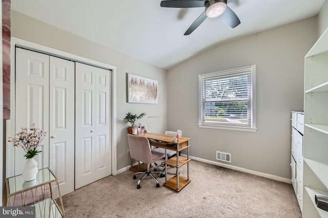 1201 Cobb Rd, Baltimore, MD 21208 - home office with lofted ceiling, carpet floors, ceiling fan, and baseboards