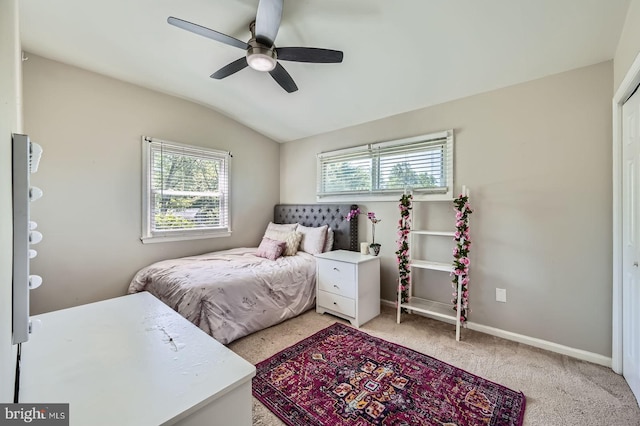 1201 Cobb Rd, Baltimore, MD 21208 - bedroom featuring multiple windows, vaulted ceiling, baseboards, light carpet, and a ceiling fan