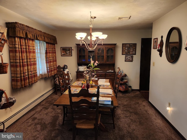 dining space with dark carpet, baseboard heating, a chandelier, and baseboards