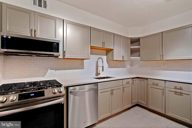 700 7th St SW Unit 507, Washington, DC 20024 - kitchen with stainless steel appliances, a sink, gray cabinetry, light countertops, and backsplash