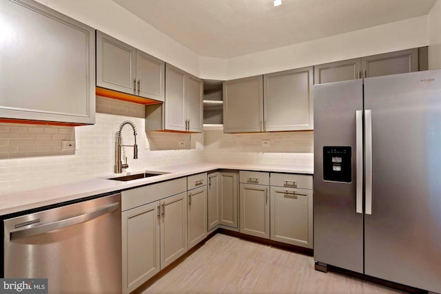 700 7th St SW Unit 507, Washington, DC 20024 - kitchen with stainless steel appliances, a sink, gray cabinetry, light countertops, and tasteful backsplash