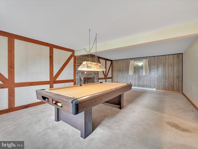 719 Loblolly Ln, Reading, PA 19607 - playroom with a fireplace, carpet flooring, wood walls, baseboards, and pool table
