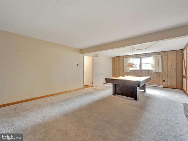 719 Loblolly Ln, Reading, PA 19607 - game room featuring wooden walls, light carpet, baseboards, billiards, and a baseboard radiator
