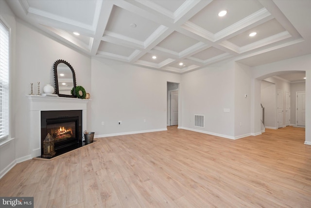 15741 Gardenia Ridge Way, Haymarket, VA 20169 - unfurnished living room featuring a glass covered fireplace, arched walkways, beam ceiling, light wood-style flooring, and coffered ceiling