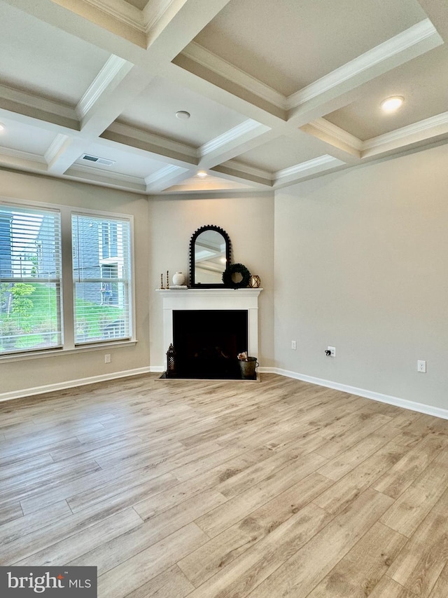 15741 Gardenia Ridge Way, Haymarket, VA 20169 - unfurnished living room with wood finished floors, beam ceiling, coffered ceiling, a fireplace, and crown molding