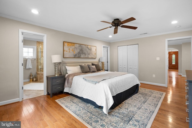 3949 Taney Ave, Alexandria, VA 22304 - bedroom featuring light wood-style flooring, baseboards, a closet, crown molding, and recessed lighting