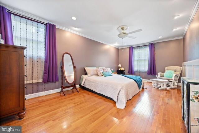 5455 Crowflock Ct, Columbia, MD 21045 - bedroom featuring crown molding, light wood-style flooring, baseboards, a ceiling fan, and recessed lighting