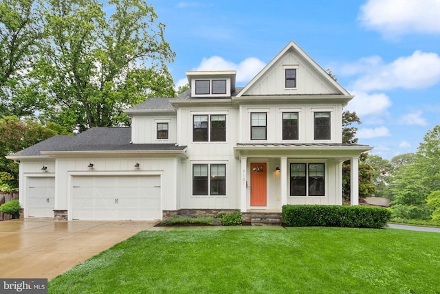 7101 27th Rd N, Arlington, VA 22213 - modern farmhouse with board and batten siding, concrete driveway, a front yard, a garage, and a shingled roof