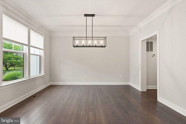7101 27th Rd N, Arlington, VA 22213 - unfurnished dining area featuring a chandelier, baseboards, dark wood-style flooring, and ornamental molding