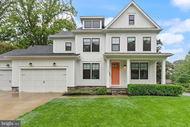 7101 27th Rd N, Arlington, VA 22213 - modern inspired farmhouse featuring board and batten siding, concrete driveway, a front lawn, a garage, and a shingled roof