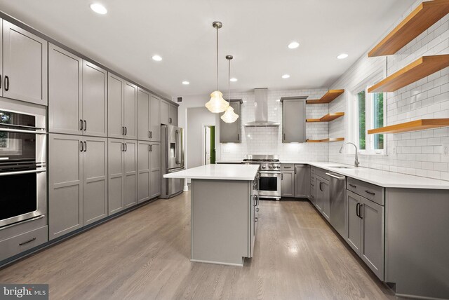 7101 27th Rd N, Arlington, VA 22213 - kitchen featuring stainless steel appliances, open shelves, wall chimney exhaust hood, gray cabinets, and a sink