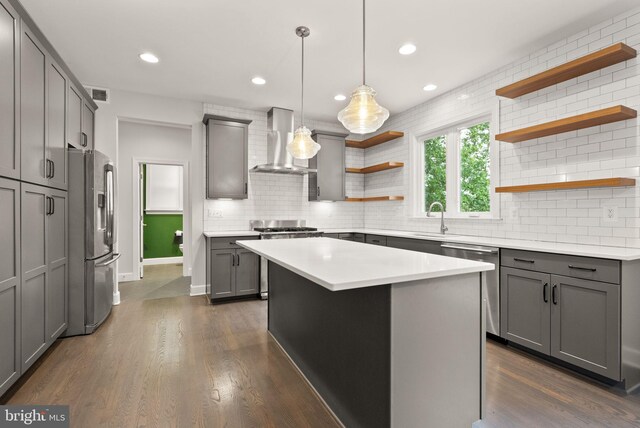 7101 27th Rd N, Arlington, VA 22213 - kitchen with wall chimney exhaust hood, open shelves, appliances with stainless steel finishes, gray cabinetry, and recessed lighting