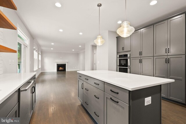 7101 27th Rd N, Arlington, VA 22213 - kitchen with gray cabinetry, stainless steel double oven, a lit fireplace, dark wood-style flooring, and recessed lighting