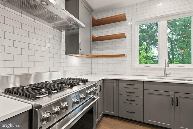 7101 27th Rd N, Arlington, VA 22213 - kitchen with stainless steel gas range oven, gray cabinets, a sink, and wall chimney range hood