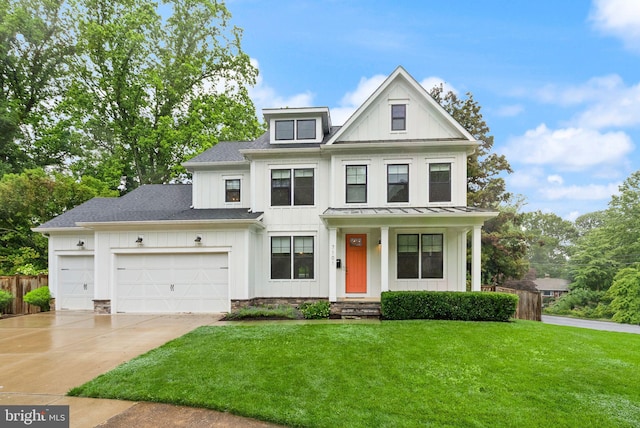 7101 27th Rd N, Arlington, VA 22213 - modern inspired farmhouse featuring board and batten siding, driveway, an attached garage, and a standing seam roof