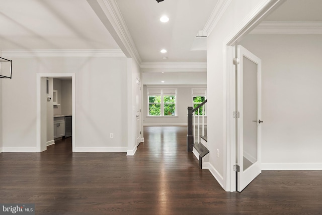 7101 27th Rd N, Arlington, VA 22213 - hallway featuring dark wood-style floors, baseboards, crown molding, and recessed lighting
