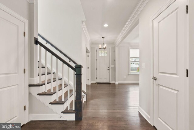 7101 27th Rd N, Arlington, VA 22213 - foyer featuring a chandelier, ornamental molding, dark wood-type flooring, baseboards, and stairway