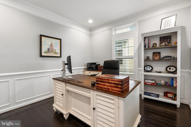 25146 Mineral Springs Cir, Aldie, VA 20105 - home office featuring dark wood-style floors, crown molding, a wainscoted wall, recessed lighting, and a decorative wall