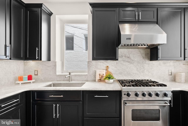 2314 20th St NW, Washington, DC 20009 - kitchen featuring wall chimney range hood, high end stainless steel range, a sink, dark cabinets, and light countertops