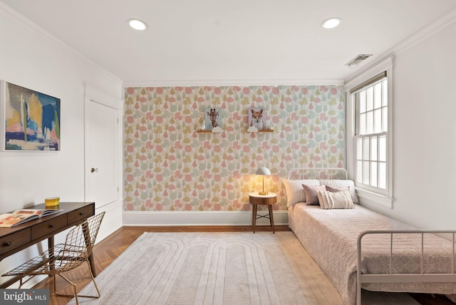 2314 20th St NW, Washington, DC 20009 - bedroom with ornamental molding, multiple windows, baseboards, recessed lighting, and wallpapered walls