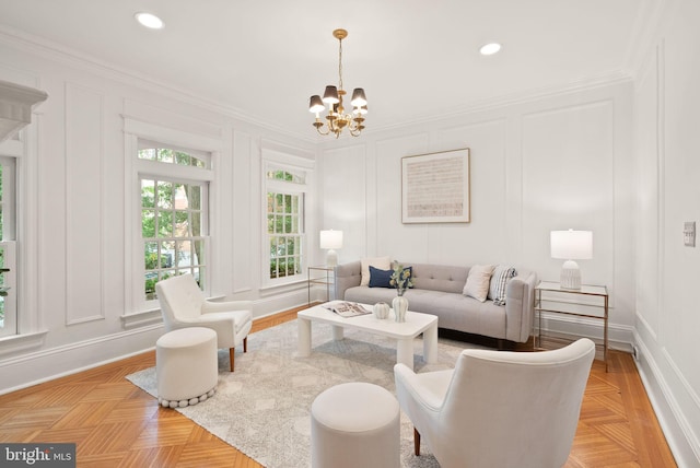 2314 20th St NW, Washington, DC 20009 - living room with a decorative wall, a chandelier, ornamental molding, and recessed lighting