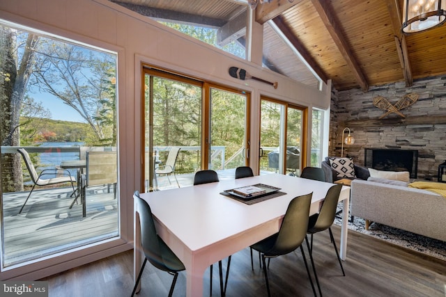 636 Paradise Hts, Oakland, MD 21550 - dining room featuring wood finished floors, a stone fireplace, wooden ceiling with exposed beams, and high vaulted ceiling