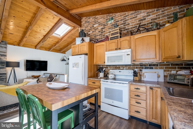 636 Paradise Hts, Oakland, MD 21550 - kitchen featuring white appliances, a skylight, dark wood-style floors, decorative backsplash, and open floor plan