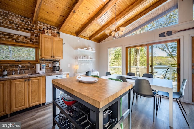 636 Paradise Hts, Oakland, MD 21550 - kitchen with a sink, butcher block countertops, wood ceiling with exposed beams, white dishwasher, and wood finished floors