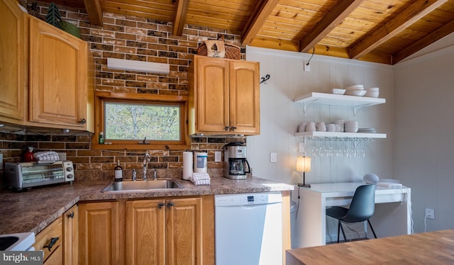 636 Paradise Hts, Oakland, MD 21550 - kitchen with white dishwasher, a sink, wood ceiling with exposed beams, backsplash, and open shelves