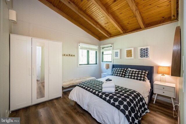 636 Paradise Hts, Oakland, MD 21550 - bedroom with wooden ceiling with exposed beams, dark wood-type flooring, high vaulted ceiling, and a closet