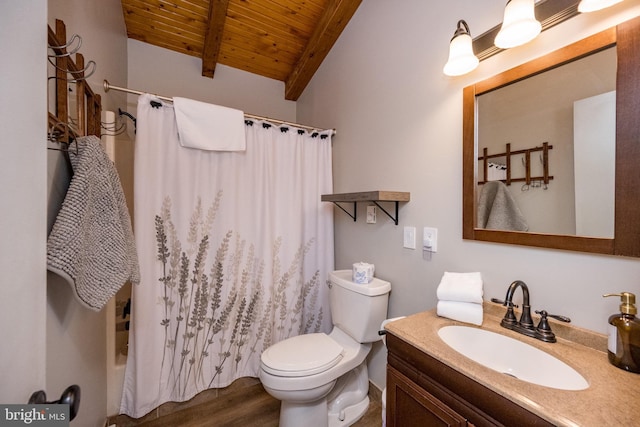 636 Paradise Hts, Oakland, MD 21550 - bathroom featuring wooden ceiling, vanity, toilet, shower / bath combo, and wood finished floors