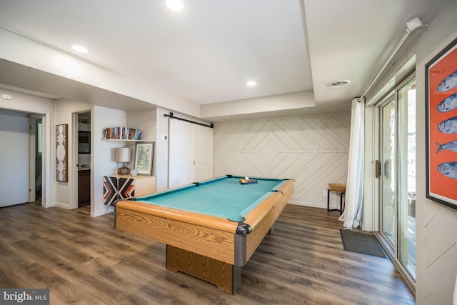 636 Paradise Hts, Oakland, MD 21550 - game room with a barn door, wood finished floors, recessed lighting, and billiards table
