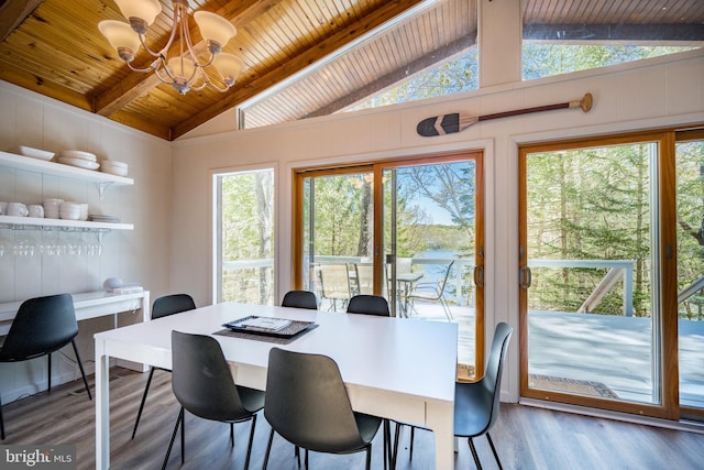 636 Paradise Hts, Oakland, MD 21550 - dining space featuring wooden ceiling, wood finished floors, a chandelier, and healthy amount of natural light