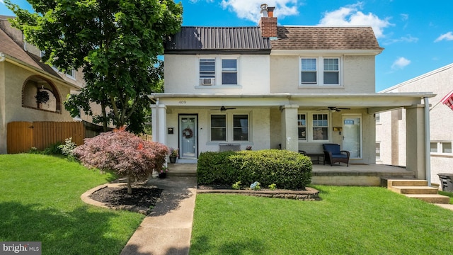 409 W 10th Ave, Conshohocken, PA 19428 - view of front of property featuring covered porch, ceiling fan, stucco siding, and a chimney