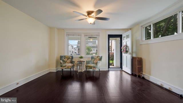 409 W 10th Ave, Conshohocken, PA 19428 - living area featuring radiator heating unit, plenty of natural light, ceiling fan, and wood finished floors
