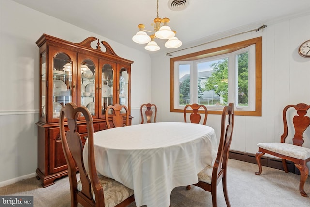 10 Mccarthy Ave, Langhorne, PA 19047 - dining room with a chandelier, light colored carpet, baseboards, and a baseboard heating unit