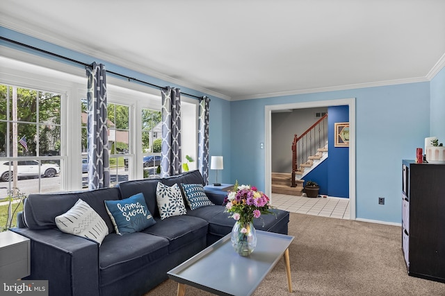 230 Aqua Ln, Delran, NJ 08075 - living area featuring crown molding, stairway, carpet, and baseboards