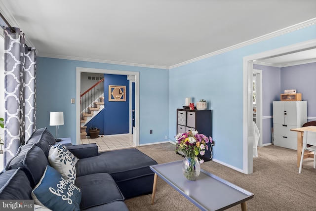 230 Aqua Ln, Delran, NJ 08075 - living area featuring ornamental molding, stairs, carpet, and baseboards