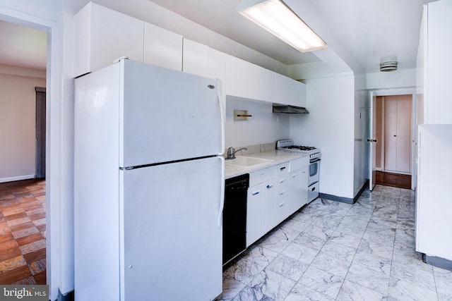 4201 Cathedral Ave NW Unit 1004E, Washington, DC 20016 - kitchen with white appliances, under cabinet range hood, a sink, light countertops, and white cabinets
