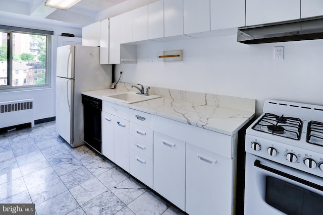 4201 Cathedral Ave NW Unit 1004E, Washington, DC 20016 - kitchen with radiator, white appliances, under cabinet range hood, a sink, and white cabinets