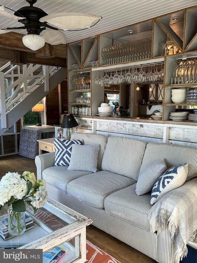 204 Coral St, Beach Haven, NJ 08008 - living area with wood finished floors, stairs, and a ceiling fan