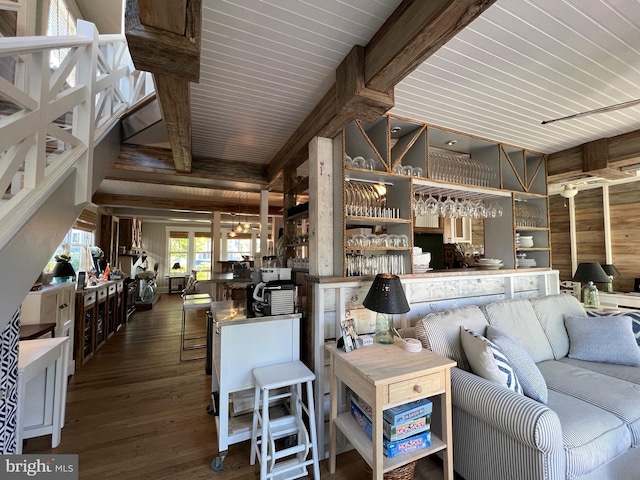204 Coral St, Beach Haven, NJ 08008 - living room featuring hardwood / wood-style flooring, beamed ceiling, and bar area