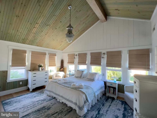 204 Coral St, Beach Haven, NJ 08008 - bedroom featuring wood finished floors, wooden ceiling, high vaulted ceiling, wood walls, and beamed ceiling