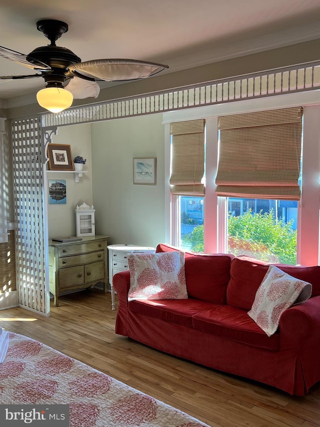 204 Coral St, Beach Haven, NJ 08008 - living room featuring wood finished floors, ornamental molding, and a ceiling fan