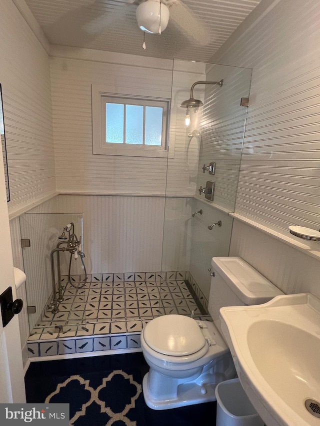 204 Coral St, Beach Haven, NJ 08008 - full bathroom with a tile shower, toilet, a sink, and wainscoting