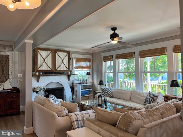 204 Coral St, Beach Haven, NJ 08008 - living area featuring light wood-style flooring, a fireplace, and ceiling fan
