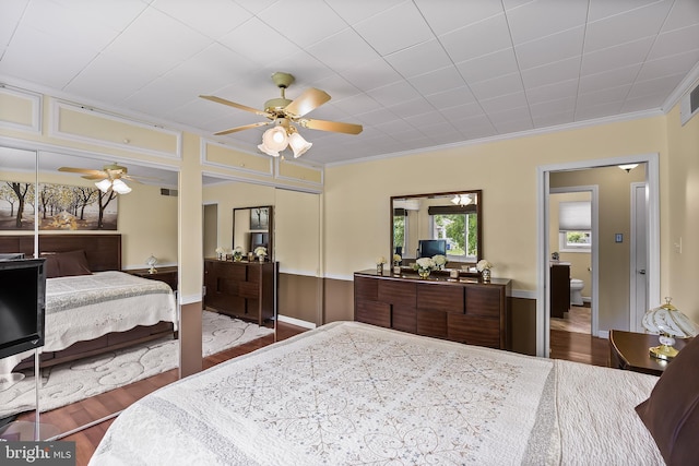 74 N Chester Ave, Riverside, NJ 08075 - bedroom with ornamental molding, wood finished floors, and ceiling fan