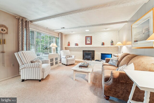 15320 Durant St, Silver Spring, MD 20905 - carpeted living room with a brick fireplace, beam ceiling, and wooden walls