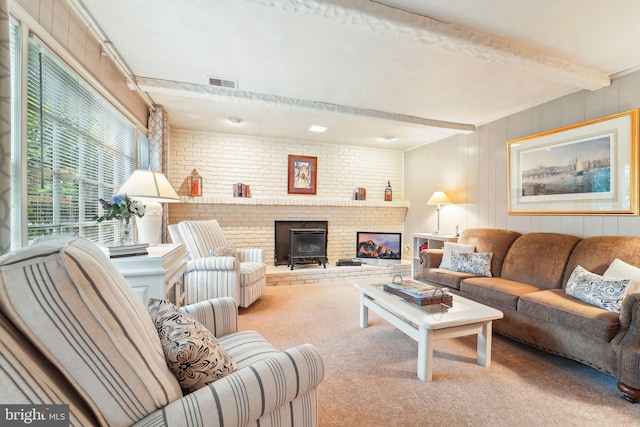 15320 Durant St, Silver Spring, MD 20905 - living area featuring beam ceiling, carpet flooring, and wooden walls
