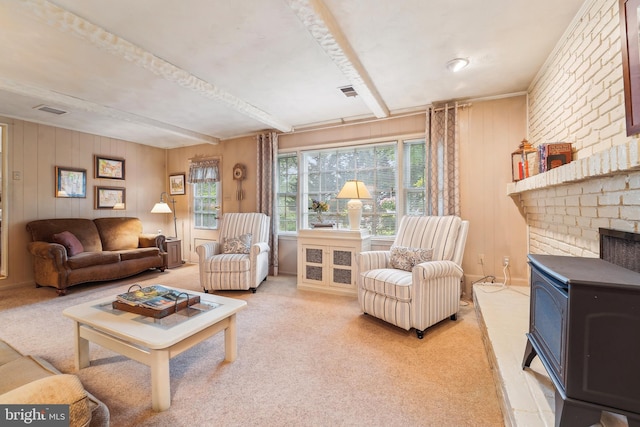 15320 Durant St, Silver Spring, MD 20905 - living room featuring light colored carpet, beam ceiling, and wood walls